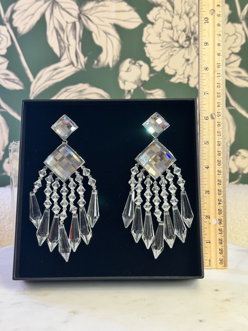 Balmain x H&M LIMITED EDITION Clear Crystal Fringe Chandelier Earrings NIB